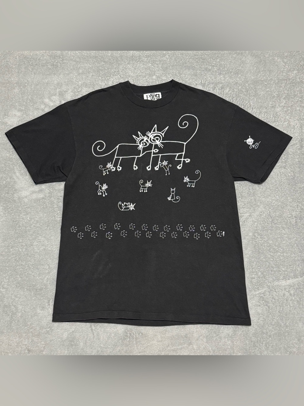 Pog Cat T Shirt Black USA Made Art Tee Whimsical Cats Doodle Sz Large Streetwear
